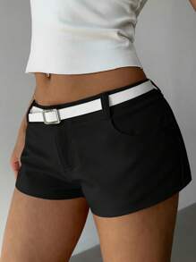 Aloruh Quần Short Nữ Hàng Mới Về, Quần Short Mini Siêu Ngắn Kiểu Dáng Gợi Cảm Màu Trơn Có Thắt Lưng, Thu/Đông - màu đen - Xem 5