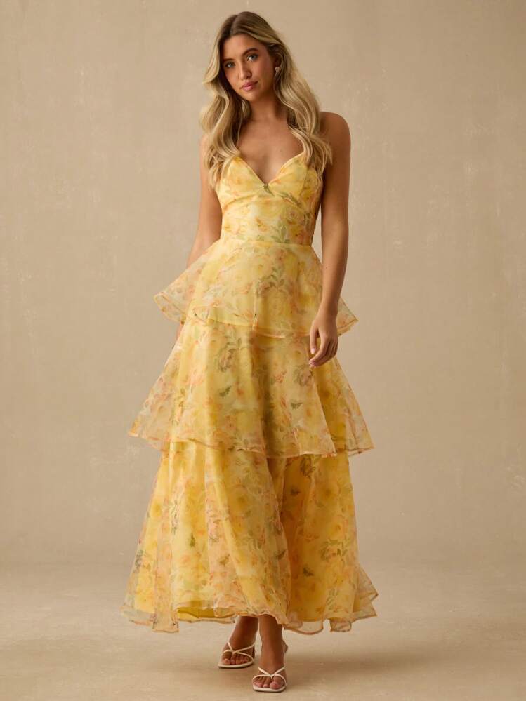 Enchnt Vestido maxi de princesa de organza con estampado floral amarillo sol romántico para mujer, con tirantes de espagueti, volantes en el bajo y espalda descubierta, dulce y elegante para vacaciones, citas, fiestas, graduación, invitada de boda y playa, vestido de fiesta, vestidos de verano para mujer, vestidos de sol para mujer, ropa de verano, vestidos elegantes para fiestas, ropa bohemia - Amarillo - Añade 4