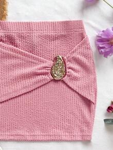 Soleia New Elegant Vacation Knit Low Waist Metal Seashell Decor Mini Skirt, Casual Holiday Beach Wedding Guest, Graduation Brunch, St. Patrick's Day Spring Break, Easter, Music Festival, Bohemian Tropical Chic Pink Skirts For Women Pink Mini Skirt Cross Over Mini Skirt Textured Mini Skirt Pink Skirt With Gold Buckle Pink - Pink - View 5