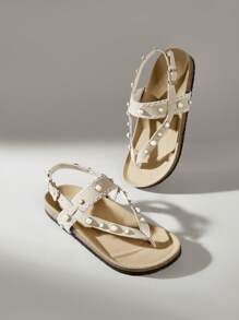 Solecia Dép xỏ ngón phong cách Bohemian cổ điển màu be mới dành cho nữ với họa tiết ngọc trai lớn, quai đeo mắt cá chân có thể điều chỉnh, đế dày, nhẹ, thời trang và đa năng cho bãi biển và kỳ nghỉ - Màu be - Xem 6