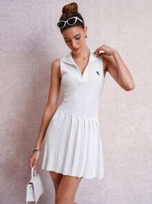 SHEIN Clasi Women Embroidered Design Zip High Neck Sleeveless Pleated Hem Dress - White - View 5
