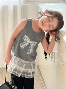 SHEIN Young Girl Casual Bowknot Ruffle Hem Sleeveless Round Neck Tank Top, Suitable For Summer - Grey - View 3