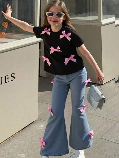 Elladie kids 2 件/套女孩休闲街头装可爱蝴蝶结紧身 T 恤和印花针织喇叭裤，加大码