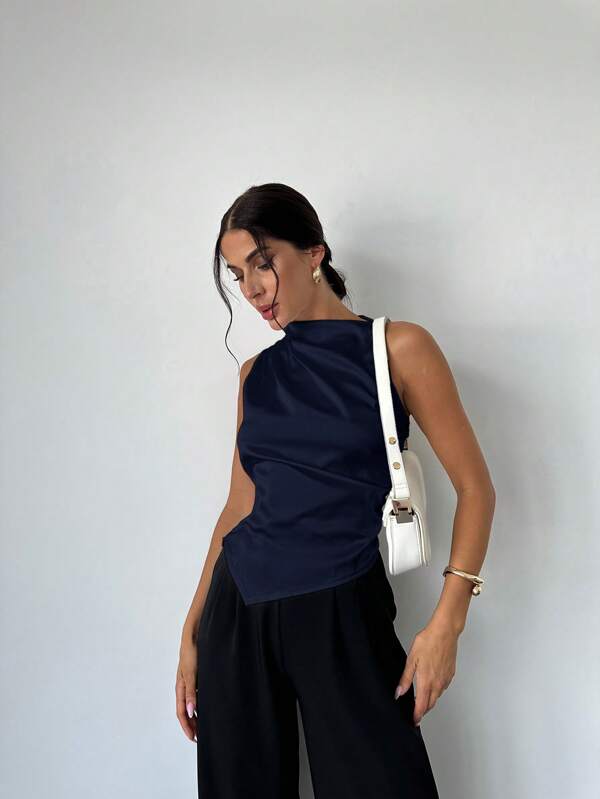 Firerie Bluză elegantă minimalistă pentru femei, la modă, pentru birou/navetă, de culoare închisă, fără mâneci, cu guler plisat și tiv ascuțit