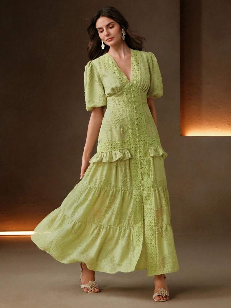 Women's Elegant V-Neck Puff Sleeve Ruffled Hem Dress, Suitable For Spring/Summer, Festival, Graduation