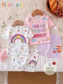 4pcs/Set Baby Girls Casual Weather & Rainbow Cartoon Print Short Sleeve Bodysuit And Shorts Home Wear Set, Summer - Multicolor - View 1
