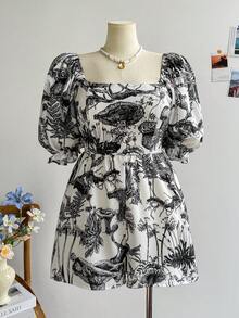 Soleia 大码女式春季方领蓝色手绘花卉印花泡泡袖连体衣 - 黑與白 - 查看 4