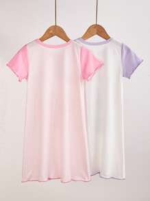 2pcs Young Girl Puppy Print Soft Comfortable Long Nightgown With Purple Sleeves - Multicolor - View 2