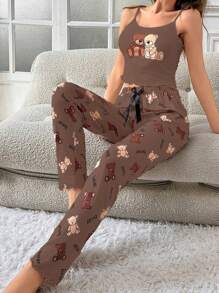 女士卡通熊吊带背心和裤子睡衣套装、休闲套装 - 彩色 - 查看 7