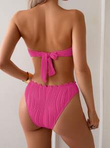 SHEIN Swim Bộ đồ bơi bikini 2 mảnh màu trơn có dây buộc sau lưng họa tiết vỏ sò dành cho nữ, đi biển mùa hè - Màu Hồng Tươi - Xem 2