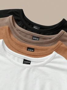 SHEIN BASICS Set de 4 camisetas básicas de corte ajustado de manga corta y cuello redondo en unicolor de punto casual para mujeres