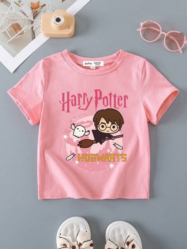 HARRY POTTER X SHEIN Young Girl Pink Cartoon Cute Casual Graphic Pattern Short Sleeve T-Shirt, Comfortable For Summer