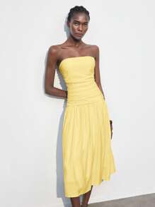 Maija 奶油黄色女式短款低腰连衣裙，现代度假休闲设计，柔软可调节细肩带低腰 A 字飘逸波西米亚海滩连衣裙，夏季 - 黃色 - 查看 5