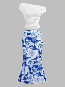 Girlism 2 件套少女蓝白针织不对称领口梭织 T 恤和蓝色花卉针织网眼休闲裙套装，适合度假、节日、毕业典礼、派对、午餐会 - 藍色 - 查看 9