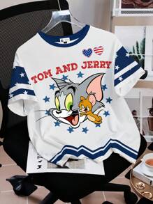 TOM & JERRY X SHEIN Locker sitzendes Rundhals Kurzarm weißes T-Shirt, Ärmel mit blau-weißem Sternkontrast, Patriotisch-karikatives Motiv mit englischem Buchstabe Muster am Hals, legeres Sommer T-Shirt für Damen