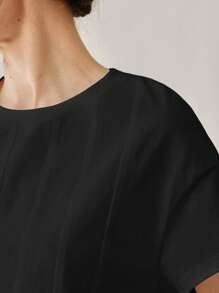 Uhlyne Áo thun nữ cổ tròn xếp ly tay ngắn rộng rãi, mùa hè - màu đen - Xem 5