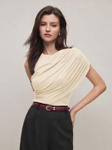 BizChic 2025 Summer New Cream Yellow Ruched Design Batwing Sleeve Women's Top T-Shirt, Business Casual Daily Commute Elegant Beach Resort Suitable For Wedding Guests, Country Music Festival, Brunch, Airport, 90s Retro Stockholm Style, American Independence Day - Apricot - View 5