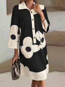 Omancia 女士随机印花纽扣前中长连衣裙 - 彩色 - 查看 5