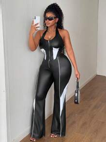 Maweii Plus Size Women PU 2 Pieces Set, Sexy Casual Stretchy Crop Top And Flared Pants - Black - View 6