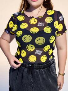 SmileyWorld® | SHEIN Áo thun nữ cổ tròn tay ngắn trong suốt họa tiết mặt cười cỡ lớn dễ thương mùa hè cổ điển thường ngày màu vàng bơ họa tiết mặt cười lễ hội Rave/ Rave/Lễ hội/ Rave/Lễ hội/Buổi hòa nhạc đồng quê/Buổi hòa nhạc lễ hội/Áo thun Rave - màu đen - Xem 5