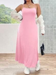 Flirla Plus Size Women's Versatile Basic Dress Maxi Women Outfit - Pink - View 8