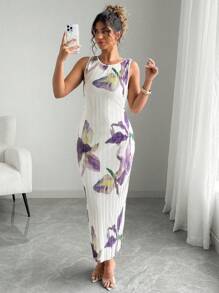 Elenzga 夏季大码花卉印花无袖束腰时尚连衣裙