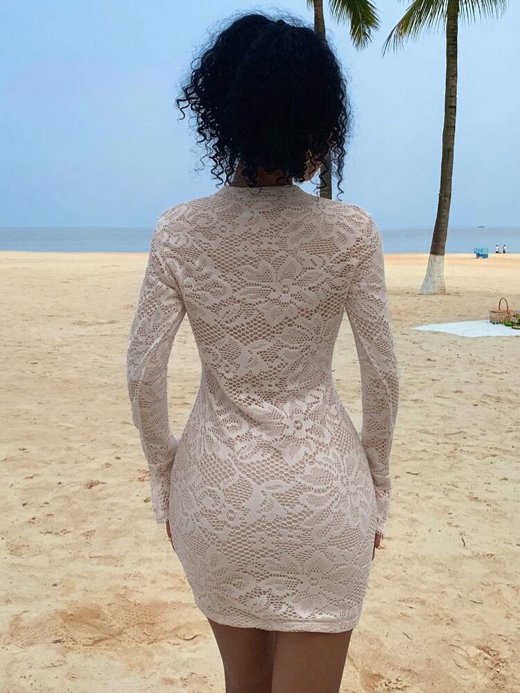 Sexy European Style Hollow Out Double Layer Lace Jacquard Patchwork Fitted Long Sleeve Dress,Fall Dress