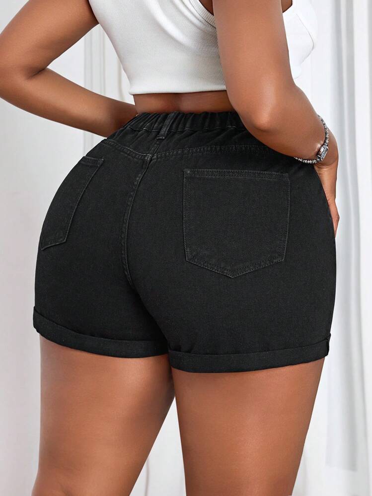 SHEIN SXY Plus Size Casual Washed High Waist Denim Shorts - Black - View 2