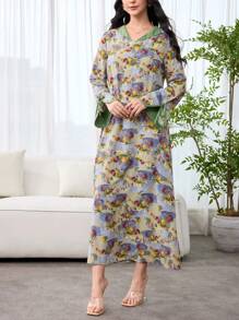 Yasmyna Rückwärts V-Ausschnitt Ölgemälde bedrucktes Arabisch-Stil Kleid für Damen, modisch