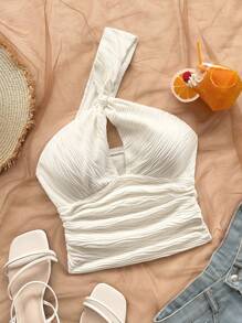 Soleia 性感单肩镂空露背白色女式衬衫，适合度假、音乐节、波西米亚风、节日约会、下午茶、钩针编织、亚麻 - 白色 - 查看 1