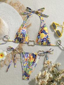Soleia Conjunto de bikini con cuello halter, espalda anudada y decoración metálica, de estampado colorido vintage, para señoras en vacaciones