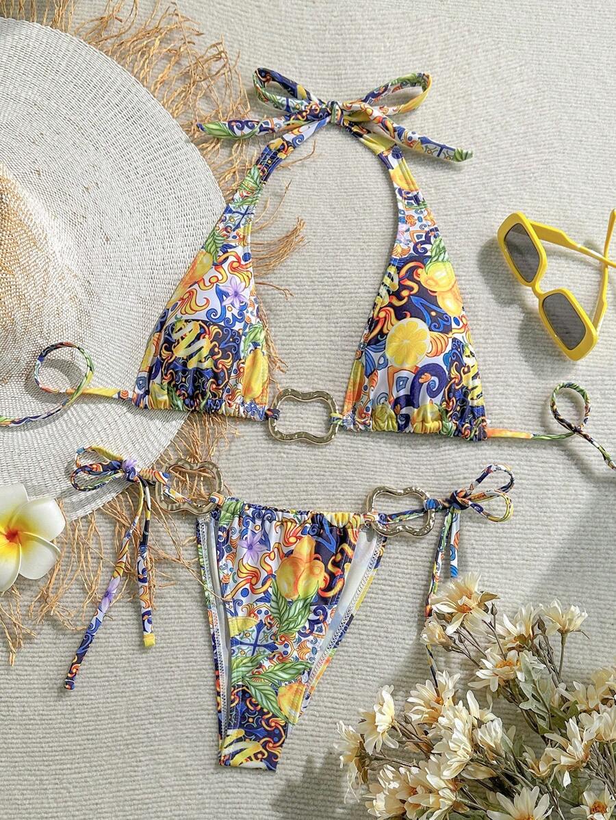 Soleia Conjunto de bikini con cuello halter, espalda anudada y decoración metálica, de estampado colorido vintage, para señoras en vacaciones