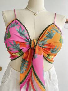 Soleia Plus Plants Print Tie Front Cami Top Spring Break Floral Top - Multicolor - View 3