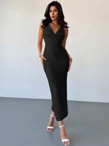 Firerie 女式简约优雅精致浪漫婚礼派对节日休闲垂坠领露背纹理长裙，杏色，春夏 - 黑色 - 查看 7