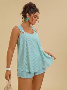 Travachic Ensemble 2 pièces grande taille pour femmes - un débardeur bleu et blanc rayé et un short, pour la plage et l'été