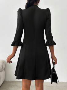 EURMUSE Mock Neck Flounce Sleeve A-line Dress - Black - View 2