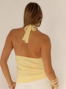 Aralina Mujer Top de punto sin mangas con escote halter y espalda descubierta, plisado, de unicolor - Amarillo - Ver 2