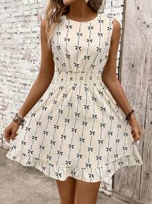 Breezaya 1 件女士蝴蝶结装饰腰部系带无袖印花连衣裙