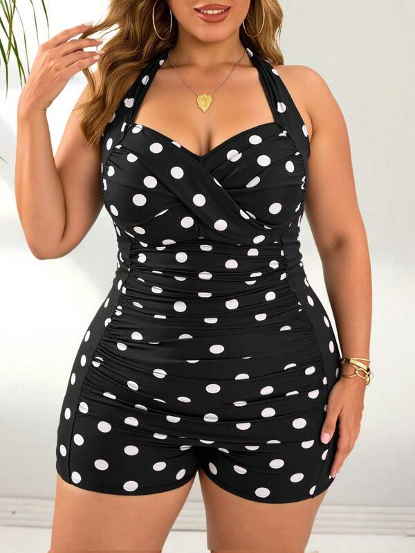 SHEIN Swim Curve Damen Große Größen Polka Dot Zweifarbiger Muster Träger Kreuz-Vorderfront Gefalteter Slim-Fit Shorts Badeanzug, eleganter und lässiger Strandmode für den Alltag und den Urlaub