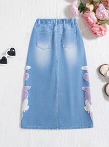 Teens Girls Casual Heart & Butterfly Embroidery Denim Skirt, Blue, Loose Fit, Versatile Denim Skirts For Women Jean Skirts For Women Jeans Skirts Long Jean Skirt Skirts For Teen Girls Tween Girls Denim Skirts - Medium Wash - View 3