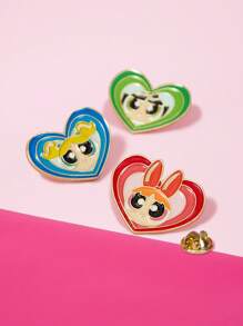 THE POWERPUFF GIRLS X SHEIN Broche en émail en forme de cœur avec les motifs Fleur, Bulle, Capucine, accessoire créatif et raffiné, insigne en alliage