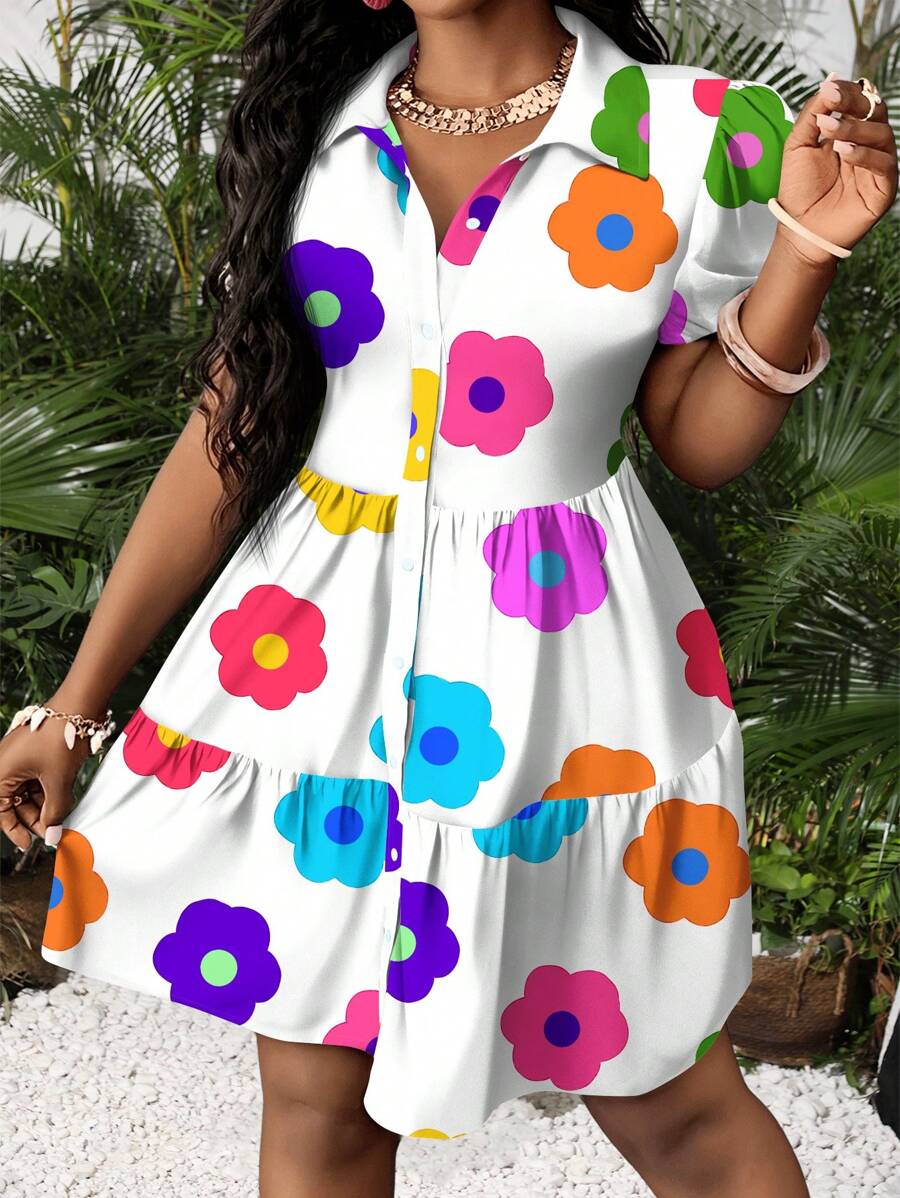 Slaydiva Minimalistisches Lässig Damenkleid, geeignet für Sommer & Urlaub, Bunter Blume Muster, Boho Style