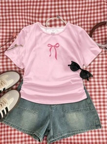 SHEIN Tween Girls Butterfly Print Fitted Casual Knit Pink Round Neck Ruffle Short Sleeve T-Shirt, Suitable For Summer