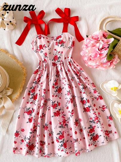 Vestido para niña preadolescente, vestido rosa elegante con estampado floral de rosas, tirantes de espagueti, bajo con volantes, decoración de lazo, silueta de línea A, para vacaciones, escuela, primavera/verano
