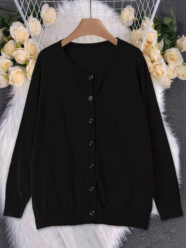 SHEIN LUNE كارديجان محبوك أنيق بياقة مستديرة، توب بأكمام طويلة، بطراز مزين، مناسب للربيع والخريف