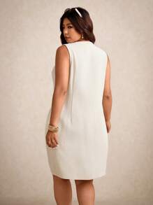 Elaquor Plus Size Casual Elegant Commute Sleeveless Button Round Neck A-Line Dress,Business Casual Woman - Apricot - View 2
