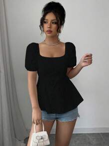 Rafferiza Áo sơ mi dài tay khoét lỗ màu trơn đơn giản mùa hè cho nữ - màu đen - Xem 3