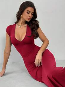 Firerie Đầm maxi ôm sát cơ thể thanh lịch, gợi cảm, đa năng dành cho nữ dịp Lễ Tình nhân, cổ chữ V sâu, tay ngắn, thiết kế thắt eo, đầm ôm sát. - Màu Đỏ Sâu - Xem 4