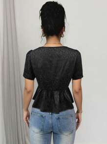 Breezaya Women's Leopard Jacquard Round Neck Puff Sleeve Ruffled Hem Elegant Blouse - Black - View 2