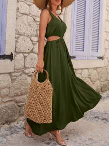 SHEIN Cottnline Women's Solid Color Minimalist Sleeveless Hollow Out Dress - Army Green - View 1